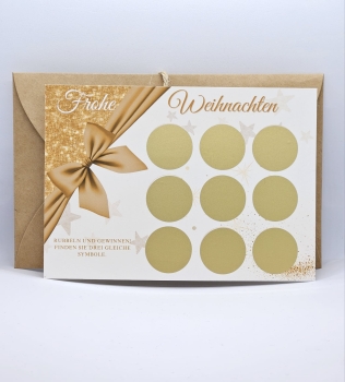 Weihnachts-Rubbelkarte mit 9 Feldern und goldenen Rubbelstickern, edles Design mit weihnachtlicher Schleife.